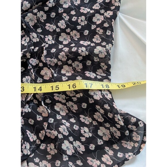 CHAPS 1978 Top Womens L Black Pink Ruffled Floral Flutter Sleeve Chiffon Blouse - Picture 12 of 13